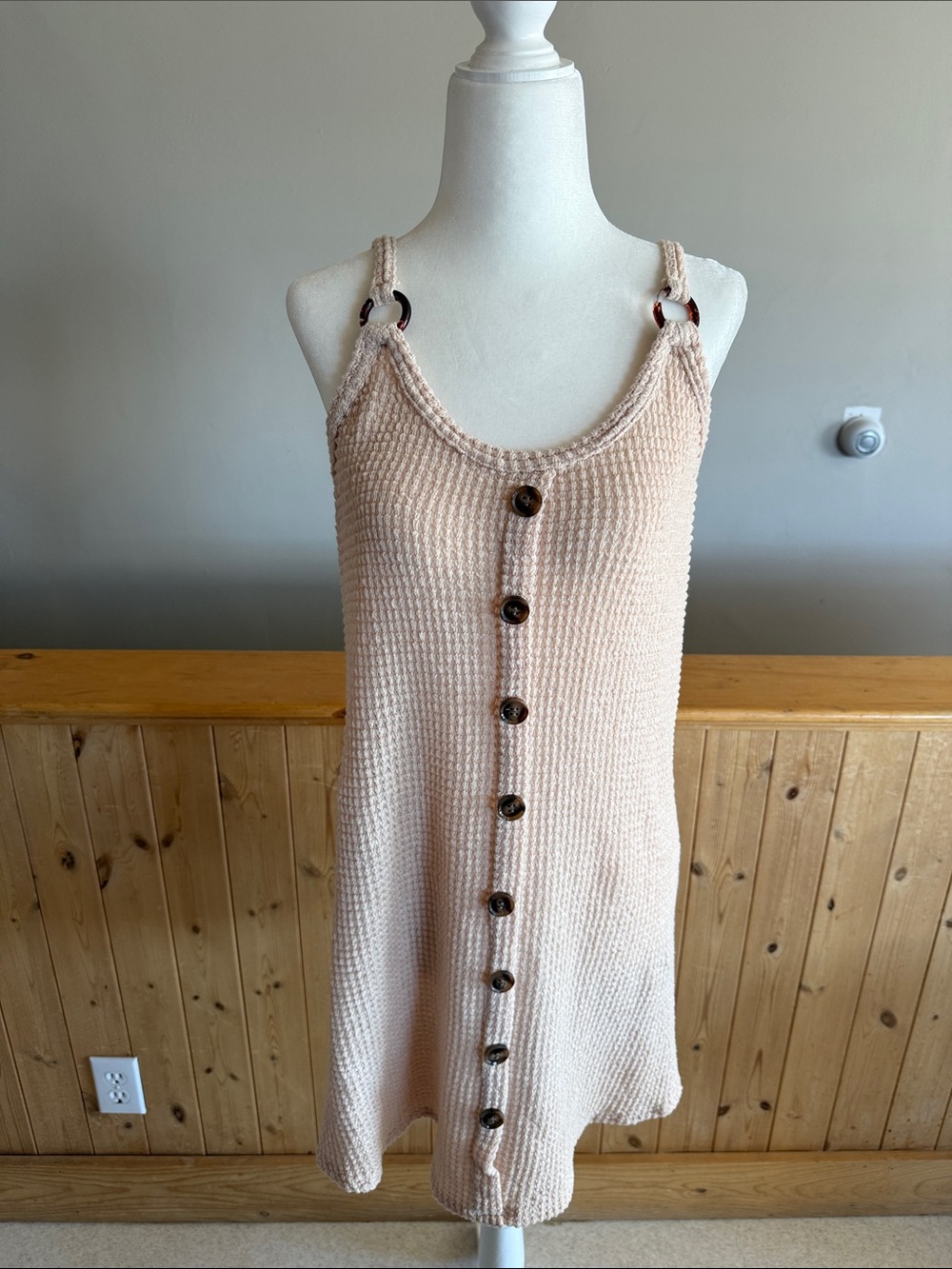 Sleeveless Button-Front Knit Tank Dress/Suit Cover in Cream